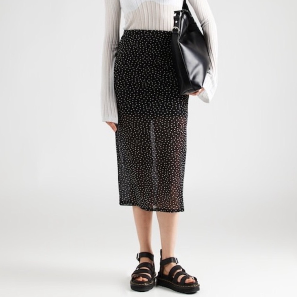 Abercrombie & Fitch Polka Dot Semi Sheer Ruched Midi Skirt Black Size XL NWT